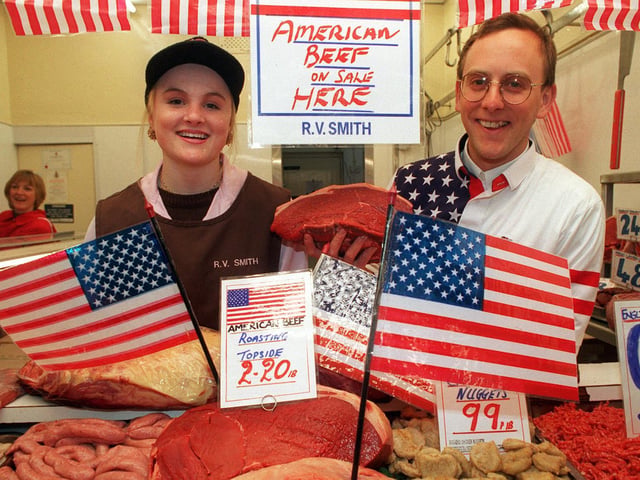 American beef was on sale at R.V. Smith's butchers. Pictured are Michelle Stead and Nick Gifford.