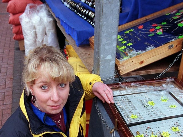 This is Paula Dwyer at her jewellery stall who was threatened with suspension in January 1999 as her table crossed a black line by an inch.