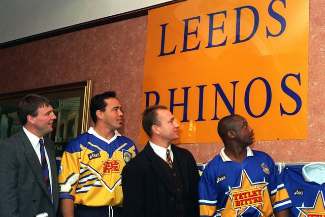 Leeds RL was renamed Leeds Rhinos. Viewing the new name are, from left, Gary Hetherington chief executive, new signing Richie Blackmore, coach Dean Bell and second new signing Paul Sterling.