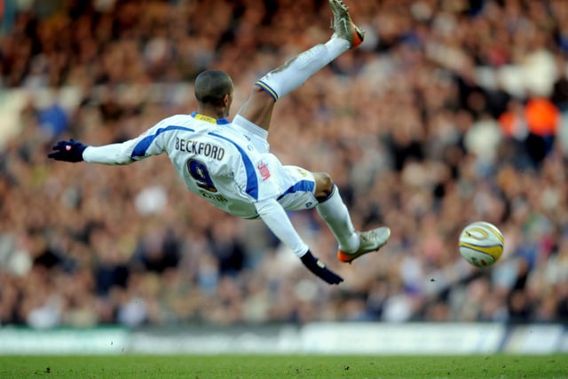 Jermaine Beckford tries an audacious overhead kick but fails to connect.