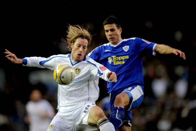 Luciano Becchio gets in front of Leicester City's Bruno Berner.