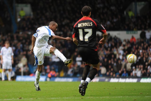 Fabian Delph fires home against Walsall at Elland Road in October 2008. He bagged a brace in a 3-0 win.