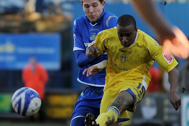 Fabian Delph fires towards goal during Leeds United's clash with Stockport County at Edgeley Park in December 2008. He scored in a 3-1 win.