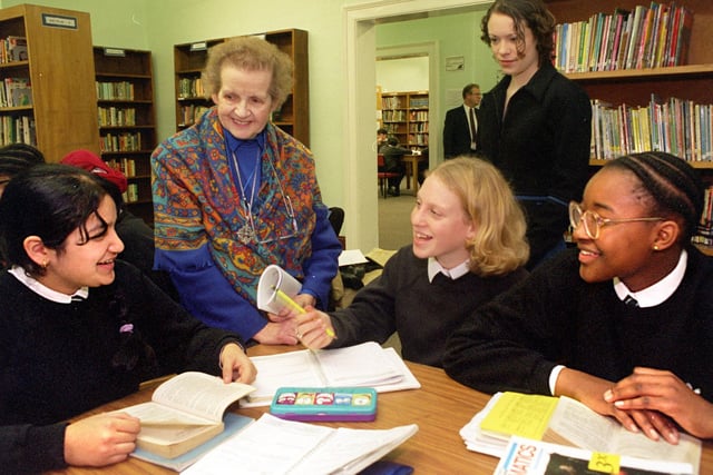 Lady Ryder of Warsaw returned to the Leeds mansion where she was born and grew up to reopen it as a learning resource centre for Roundhay School .Pupils, pictured from left, are Shazia Ahmed, Lucy Holmes, Emily Bagley (standing) and Jeneba Seray-Wurie.