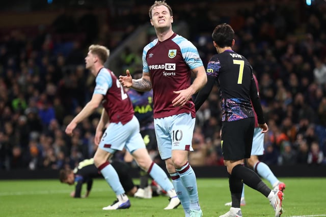 Ashley Barnes of Burnley reacts after a missed chance during the Carabao Cup Round of 16 match between Burnley and Tottenham Hotspur at Turf Moor on October 27, 2021 in Burnley, England.