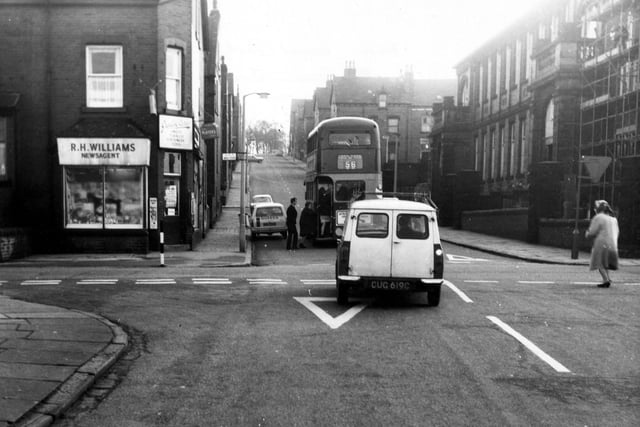 Looking east along Royal Park Road across Queens Road towards Woodhouse Moor in December 1968. R.H. Williams newsagent is on the left, and Queen's Road School on right.