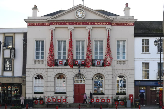Ripon Town Hall dressed in poppies
