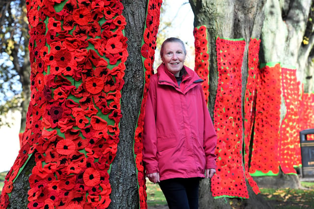 Organiser Brenda Pitchfork of Knit For Knaresborough and British Legion member who co-ordinated the remembrance poppies pictured in the Castle Yard at Knaresborough Castle