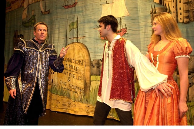 Cast members of the New Dick Whittington pantomine at the City Varieties. Pictured, from left, Michael Hobbs as King Rat, Wayne Perrey as Dick Whittington, and Stephanie Dooley as Alice Fitzwarren.