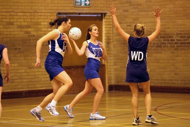 Netball action from the West Yorkshire Super League match between Calderdale firsts and Manor Tykes