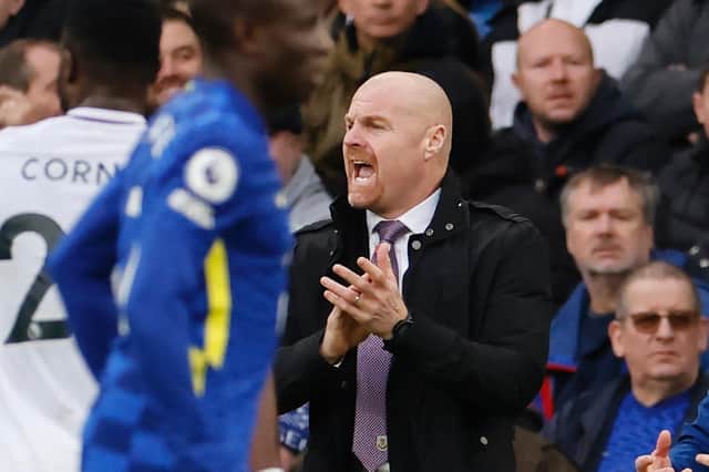 Burnley's English manager Sean Dyche reacts during the English Premier League football match between Chelsea and Burnley at Stamford Bridge in London on November 6, 2021.