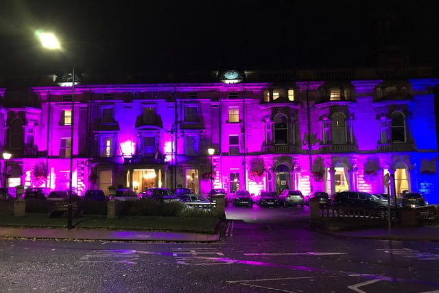 Crown Hotel lit up in very beautiful bright colours for the Lighting Festival, snapped by Katherine Schoon.