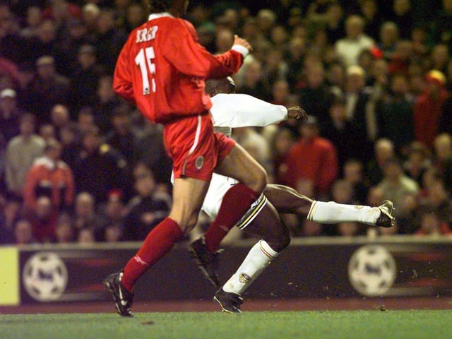 Striker Jimmy Floyd Hasselbaink fire home Leeds United's second goal.