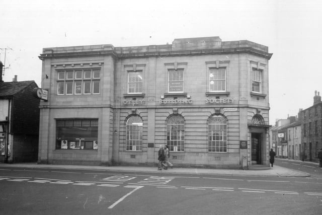 The offices of Otley Building Society at the corner of Boroughgate (foreground) and Wesley Street (right).