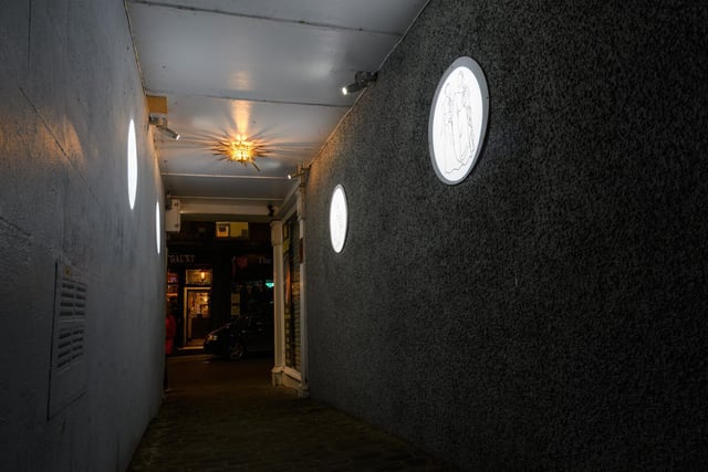 Artwork adorns a corridor as part of Light Up Lancaster 2021. Photo: Kelvin Stuttard