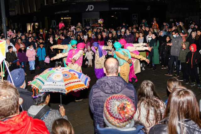 An Indian band entertains the crowds in Lancaster City Centre as part of Light Up Lancaster 2021. Photo: Kelvin Stuttard