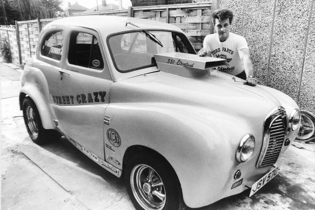This is Beeston's John Kellett a member of the Original Hot Rod Motor Car Club who each built their souped up machines from scratch. He is pictured in August 1985 with his Austin he spent two years building.