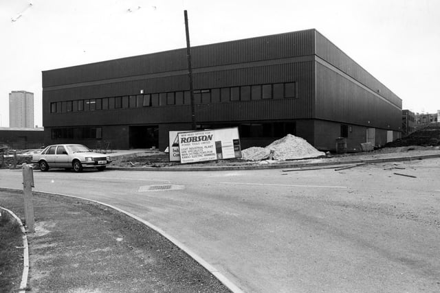 Beeston Royds Industrial Estate on Gelderd Road, showing the new premises for Robson Power Tools Ltd in July 1980. This was a hire business with light industrial plant machinery. To the left is a block of flats, one of the Cottingley development.