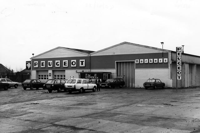 Did you buy a car from here back in the day? Barker's garage and car showroom, a Peugeot dealer, on Old Lane, pictured in February 1980.