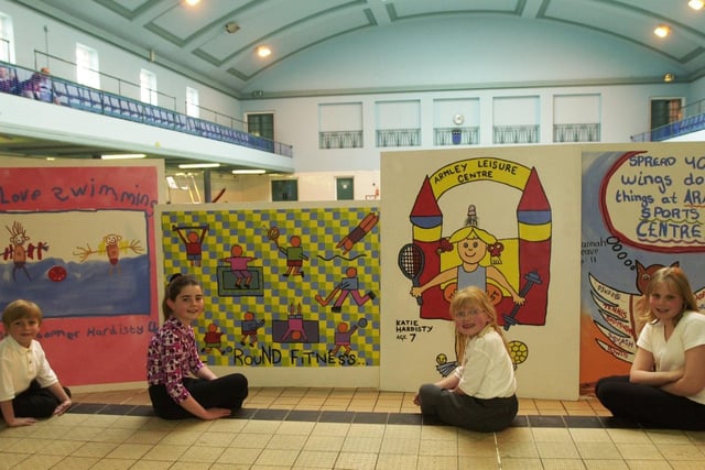 Children with their paintings at Armley Leisure Centre, they are to be hung in the alcoves along the top of this picture. Pictured, from left, are Christopher Hardisty, Leila Briggs, Katie Hardisty and Hannah Neave.