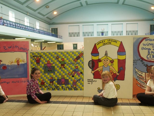 Children with their paintings at Armley Leisure Centre, they are to be hung in the alcoves along the top of this picture. Pictured, from left, are Christopher Hardisty, Leila Briggs, Katie Hardisty and Hannah Neave.