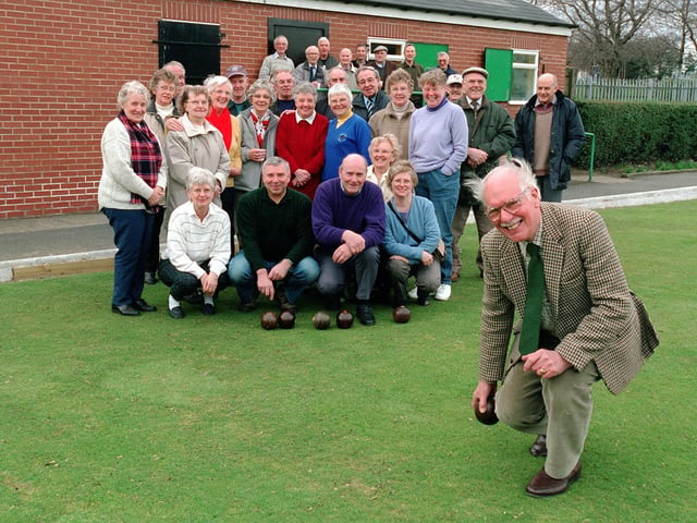 Armley Park Bowling Club chairman Donald Richards (front right) with members at the redecorated pavilion in March 2001 after it was targeted by vandals.