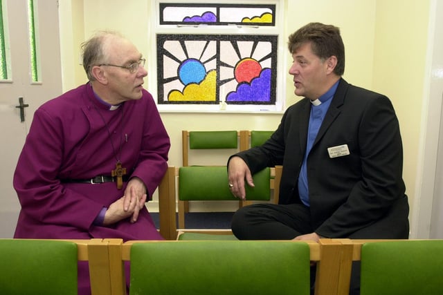 Rt Rev John Packer, Bishop of Leeds and Ripon, chats with Rev Andrew Howorth in the newly opened Faith Centre at St Mary's Hospital in June 2001.