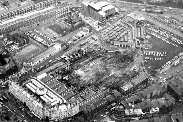 An aerial view looking across the destruction caused by a fire in Kirkgate Market in December 1975. Around four acres of the site were destroyed in a blaze which took 110 fireman two hours to control.