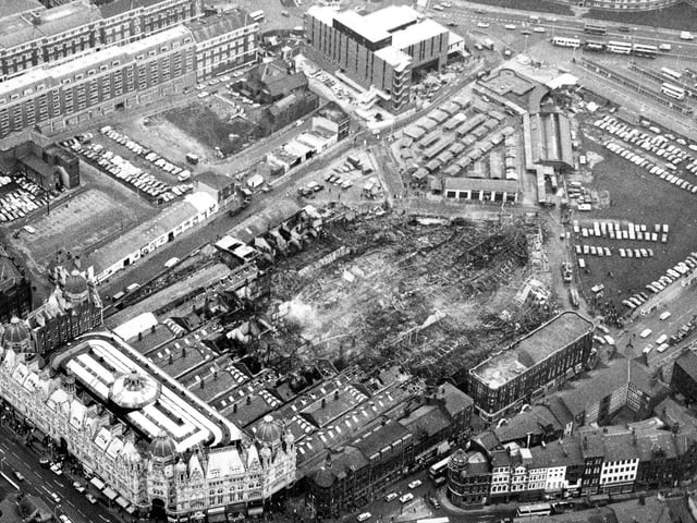 An aerial view looking across the destruction caused by a fire in Kirkgate Market in December 1975. Around four acres of the site were destroyed in a blaze which took 110 fireman two hours to control.
