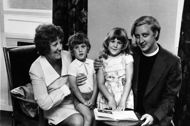 Senior curate at Leeds Parish Church for almost three years the Rev William "Bill" Snelson was appointed Vicar of St. Matthew's Church at Chapel Allerton. He is pictured in August 1975 with wife Beryl and children Clare and Mathew.