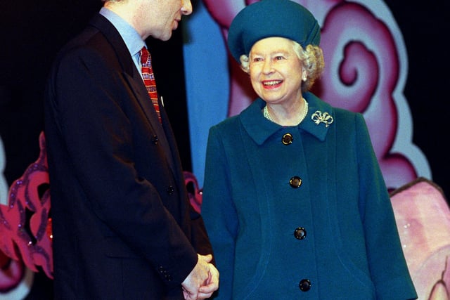 The Queen meets pantomime Director Rob Swain at Harrogate Theatre.