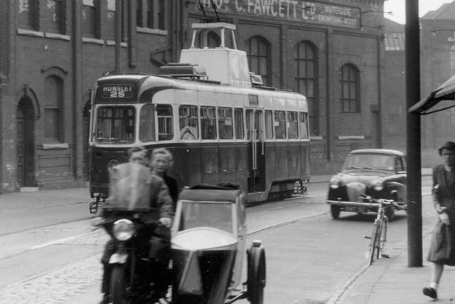 An undated photo of tram 601 on route 25 Hunslet. Thomas Fawcett Ltd, Brickwork engineers can be seen on left at 174 Hunslet Road.