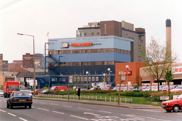 The factory of Yorkshire Chemicals PLC, Dye and Chemical Manufacturers, on Hunslet Road. The junction with Chadwick Street is on the right. In the background on the left, part of the brewery of Joshua Tetley & Son can be seen, as well as the business of W. Nicholson & Son, Builders.
