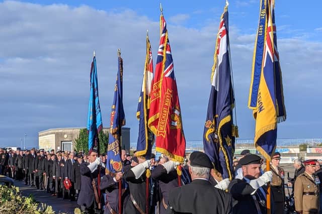 The standard bearers in the Remembrance Day parade in Morecambe on Sunday. Picture by Helen Trainor.