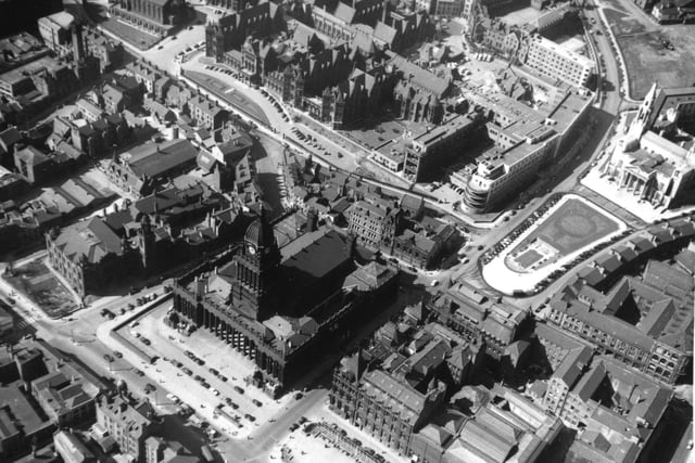 An aerial view of Leeds Town Hall in 1953.