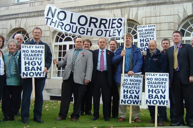 'No lorries through Otley' was the no-nonsense message as protestors took their fight to Leeds Civic Hall. They are are pictured with Coun Keith Wakefield (centre) and Coun Gerry Harper (second right).