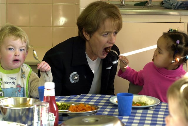 Children's Minister Margaret Hodge is fed a meatball by Simone Dawes during her visit to the Parklands Children's Centre at Seacroft.