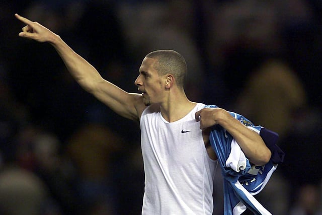 Rio Ferdinand salutes the travelling faithful after Leeds United beat Manchester City 4-0 at Maine Road in January 2001.