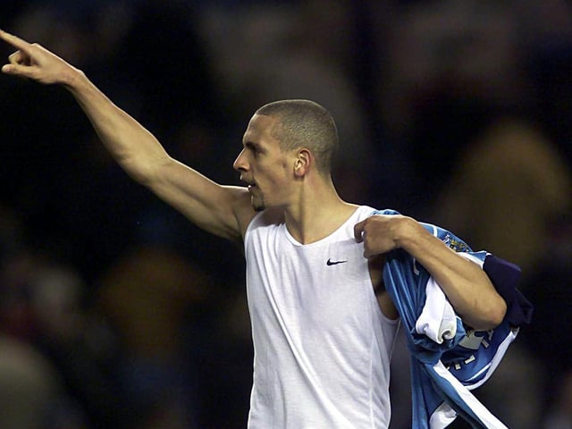 Rio Ferdinand salutes the travelling faithful after Leeds United beat Manchester City 4-0 at Maine Road in January 2001.