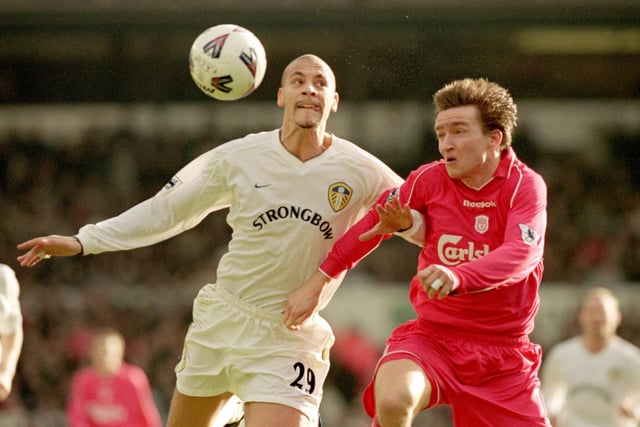 Rio Ferdinand battles for the ball with Liverpool's Vladimir Smicer during the FA Cup fourth round clash at Elland Road in January 2001. The Reds won 2-0.