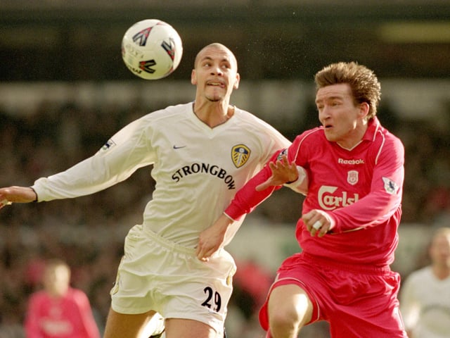 Rio Ferdinand battles for the ball with Liverpool's Vladimir Smicer during the FA Cup fourth round clash at Elland Road in January 2001. The Reds won 2-0.