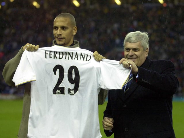 Rio Ferdinand is introduced to the Elland Road crowd with chairman Peter Ridsdale on the pitch before the Premiership clash against Arsenal at Elland Road.