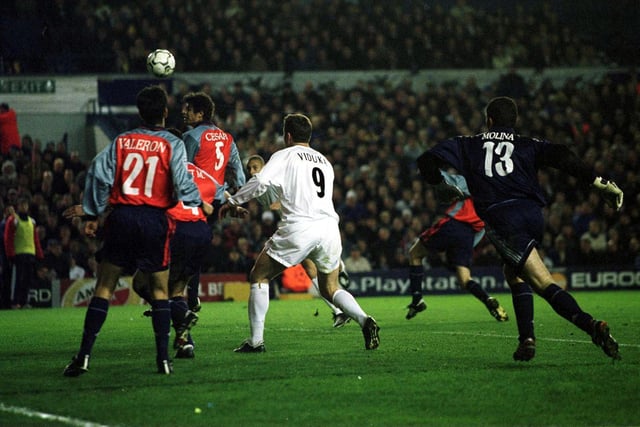Rio Ferdinand scores during the UEFA Champions League quarter final first leg clash against Deportivo La Coruna at Elland Road in April 2001.