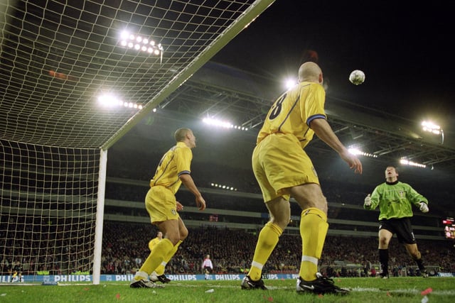 Rio Ferdinand (left) and teammate Danny Mills (right) guard Leeds United's goal during the UEFA Cup fourth round first leg clash against PSV Eindhoven at the Philips Stadion in February 2001. The game ended in a goalless draw.