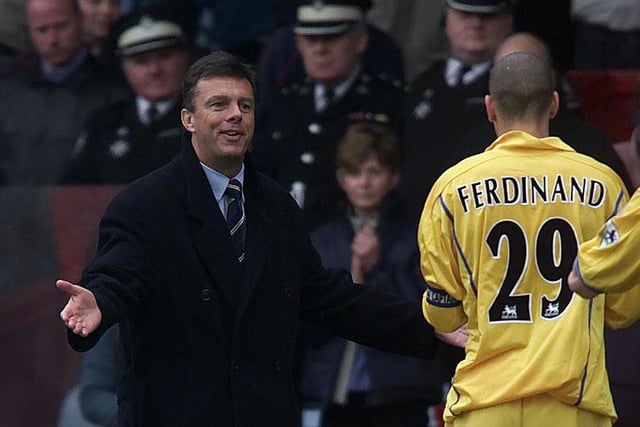 Manager David O''Leary congratulates Rio Ferdinand after Leeds United beat West Ham United at Upton Park in April 2001. Ferdinand scored in a 2-0 win.