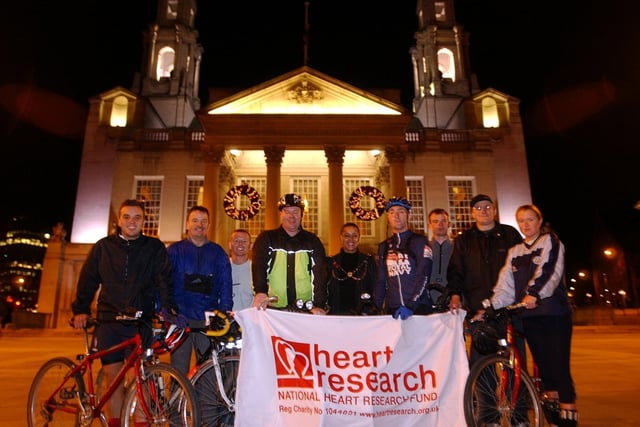 The deputy Lord Mayor of Leeds Alison Lowe with crew members of HMS Ark Royal at the completion of their cycle ride from Newcastle To Leeds in aid of the National Heart Research Fund.
