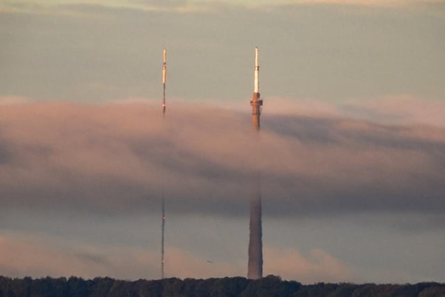 Sue Billcliffe's photo of Emley Towers wrapped in a duvet of cloud.