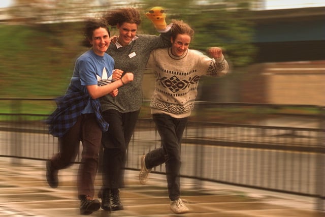 Sixth form pupils from Pudsey Grangefield School were planning a 15 hour mad dash around Pudsey and Leeds to raise cash for Children in Need in November 1995. Pictured, from left, Donna Sheffield, Michelle Goodsell and Chris Hawley.