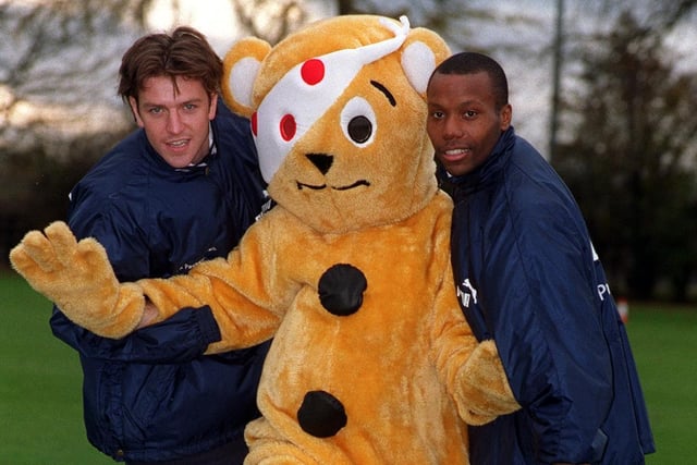 Children in Need benefited when Leeds United took on Reading in the Coca Cola Cup in November 1997. The club planned to donate 20p to the charity for every person who attended the game. Pictured with Pudsey Bear is Lee Sharpe (left) and Rod Wallace.