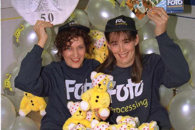 Sandra Lunn (left) and Helen Heselwood launch Foto Processing's Children in Need fundraising event in November 1995.